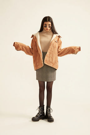 Unisex Brown Acid Washed Twill Jacket with Faux Fur