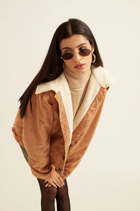 Unisex Brown Acid Washed Twill Jacket with Faux Fur