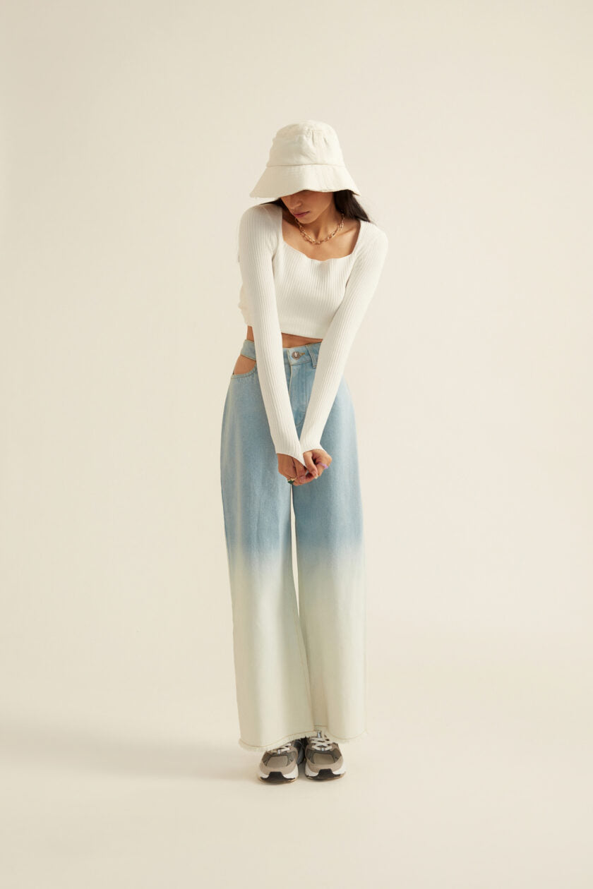 Blue White Ombre Denim Jeans with Pocket Cut-outs