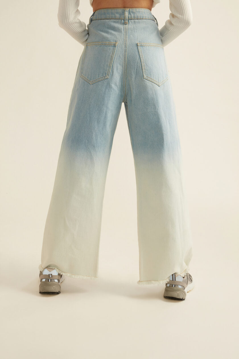 Blue White Ombre Denim Jeans with Pocket Cut-outs
