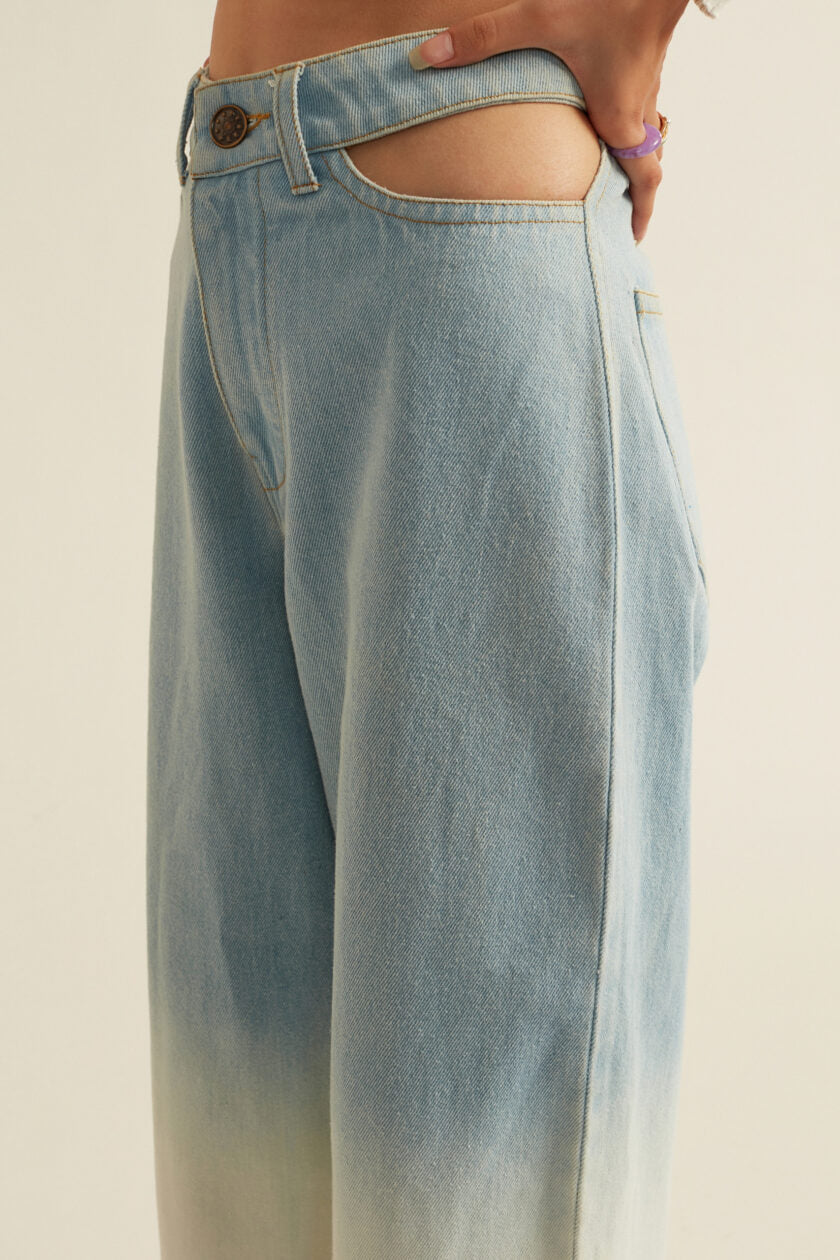 Blue White Ombre Denim Jeans with Pocket Cut-outs