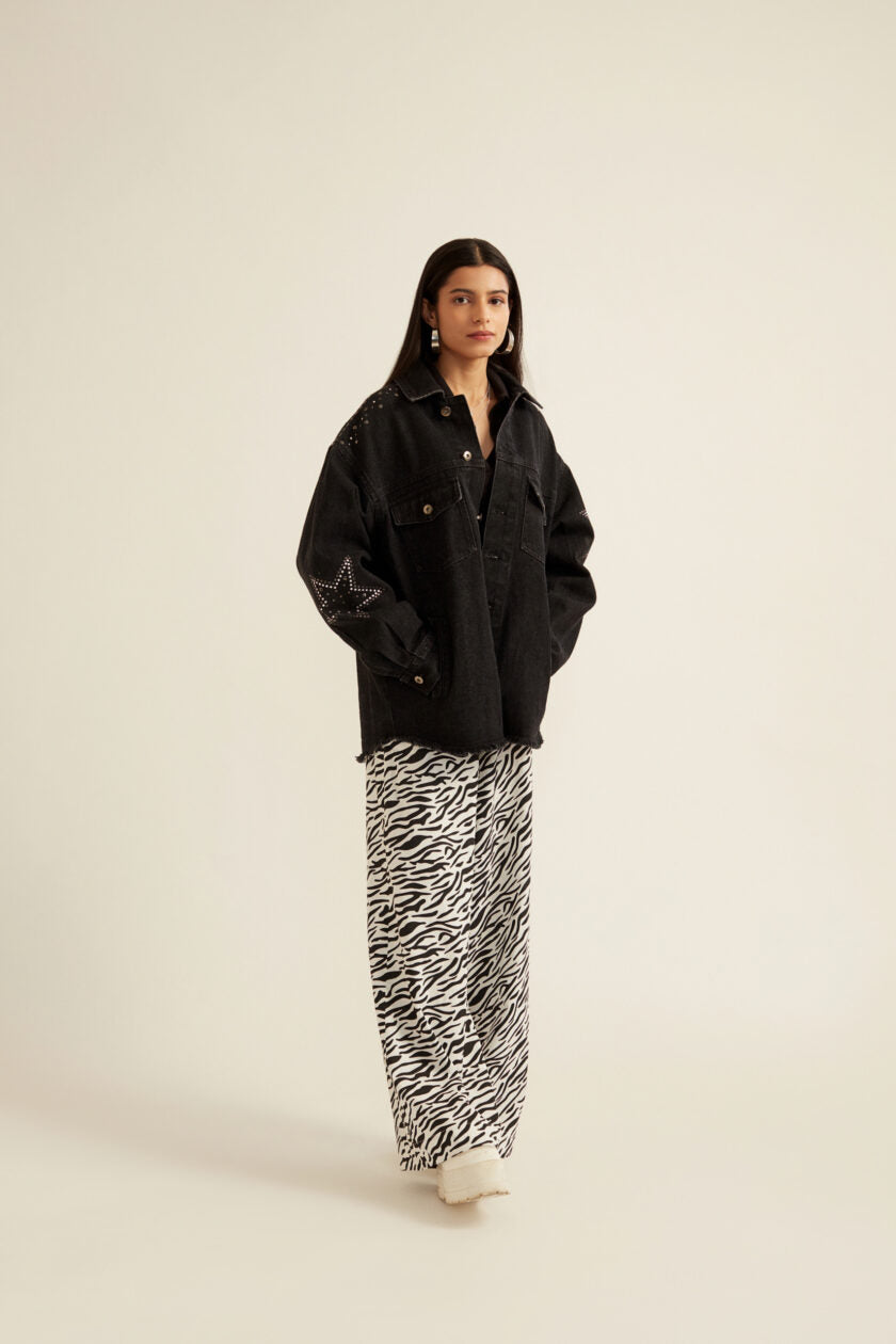 Black Embellished Oversized Denim Jacket for Women