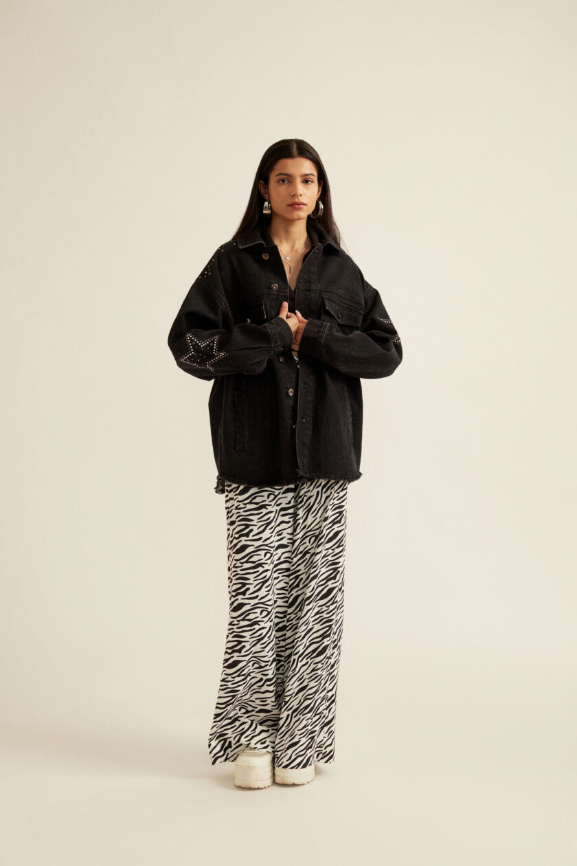 Black Embellished Oversized Denim Jacket for Women