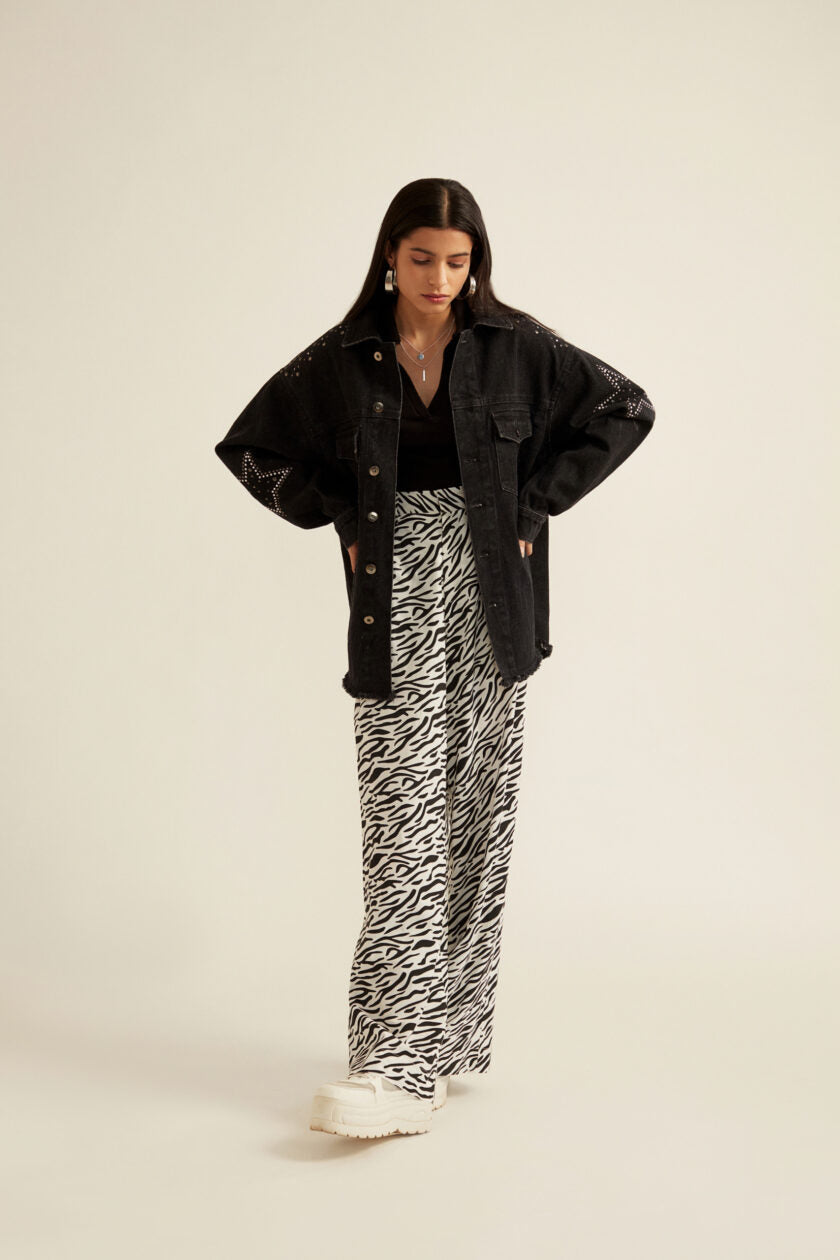Black Embellished Oversized Denim Jacket for Women