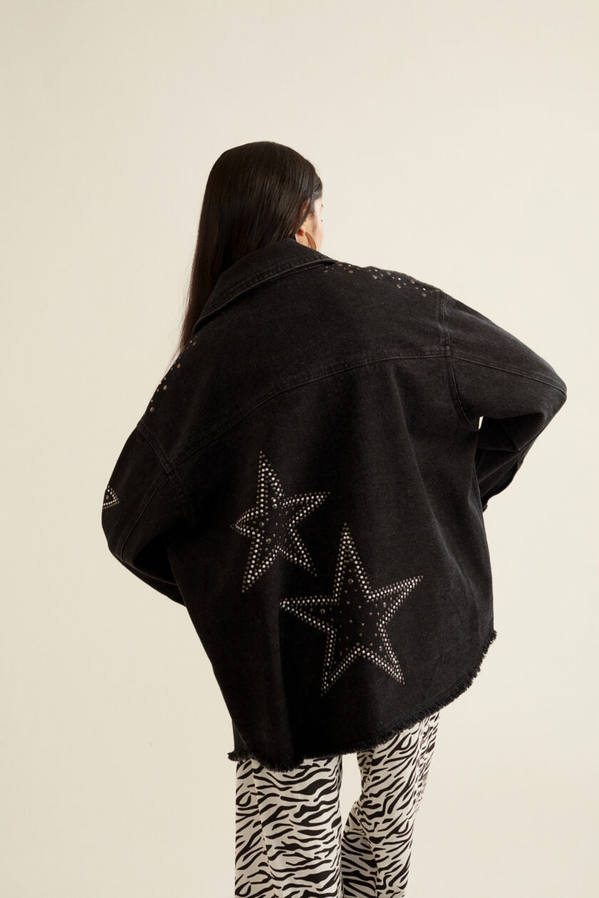 Black Embellished Oversized Denim Jacket for Women