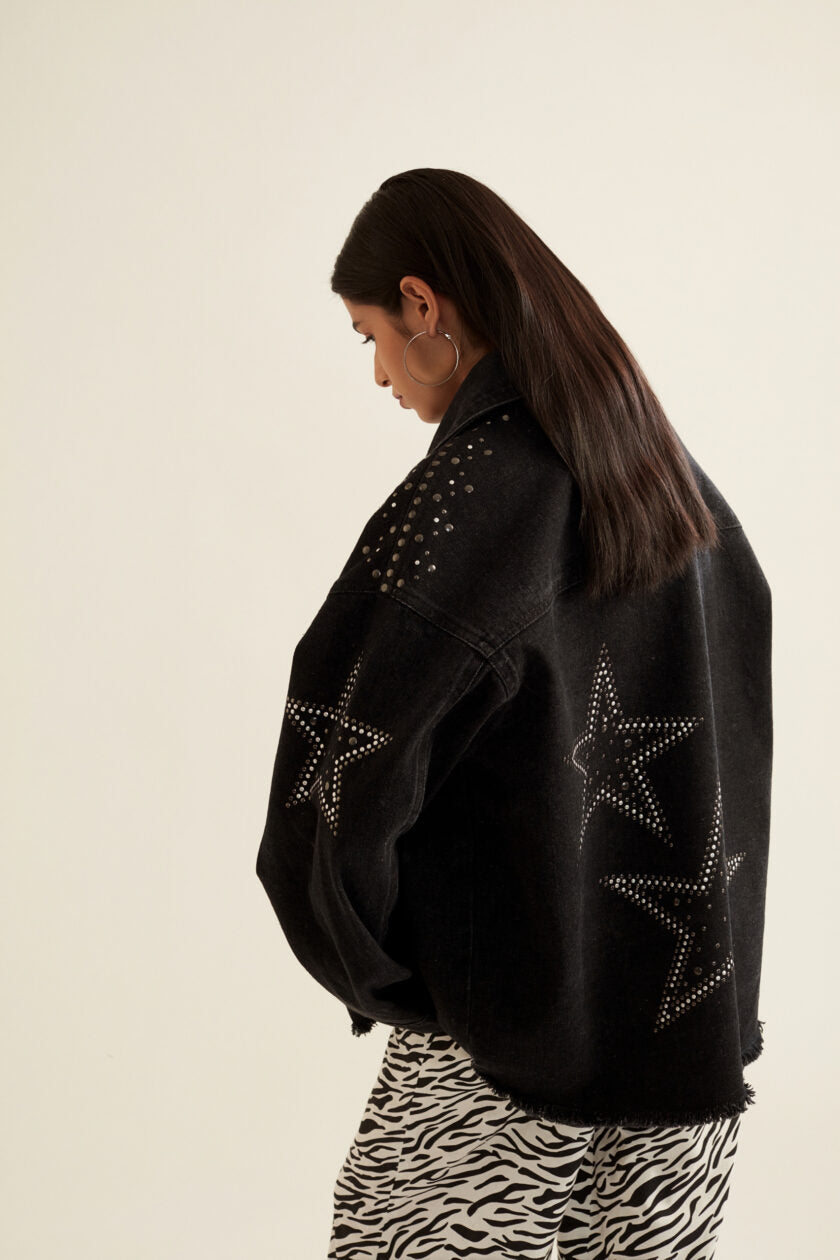Black Embellished Oversized Denim Jacket for Women
