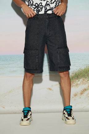 Men’s Bermuda Cargo Shorts in Black Denim