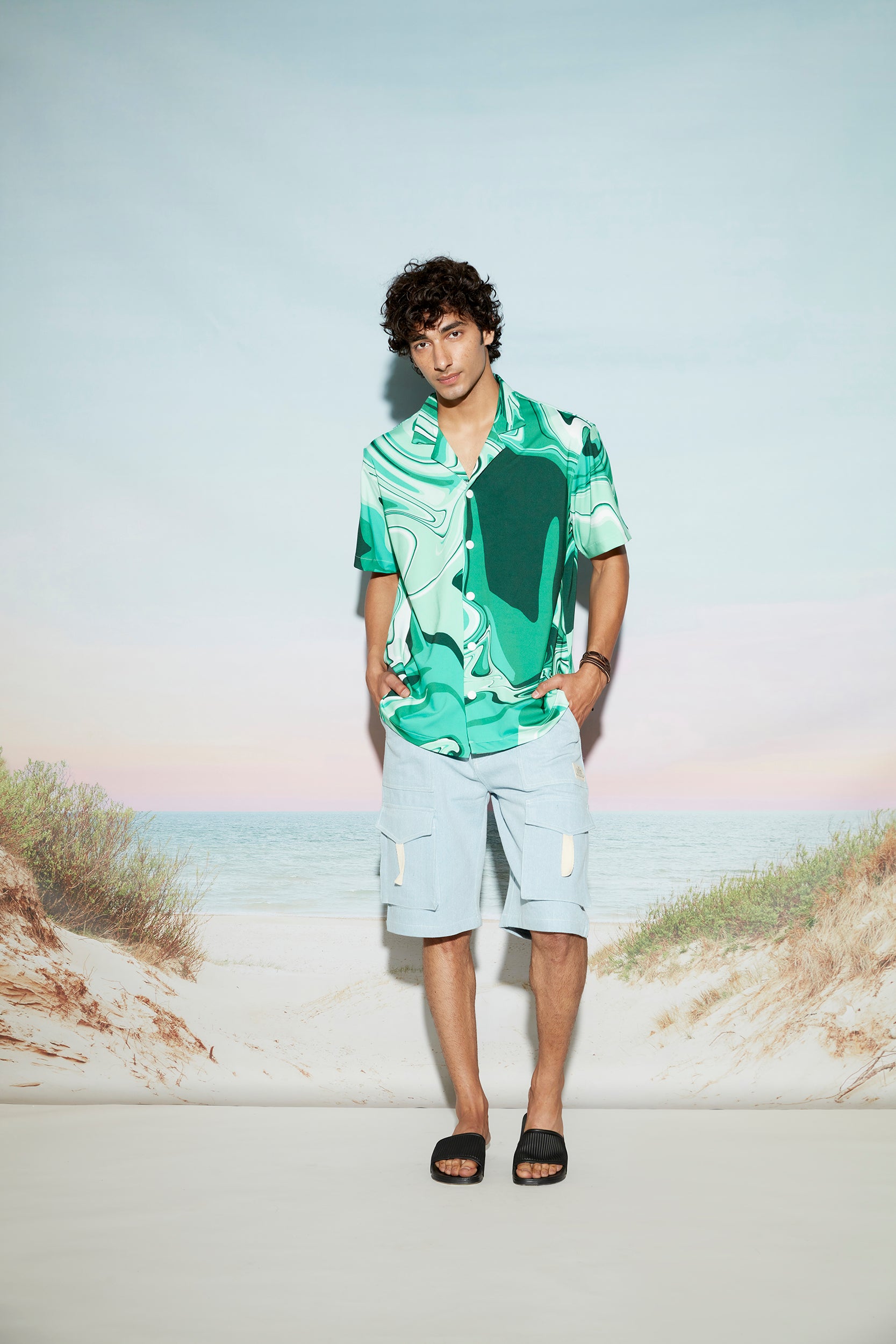 Swirl Print Men’s Resort Shirt-Green