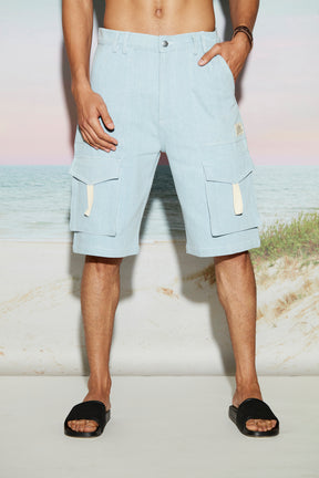 Men’s Bermuda Cargo Shorts in Light Wash Denim