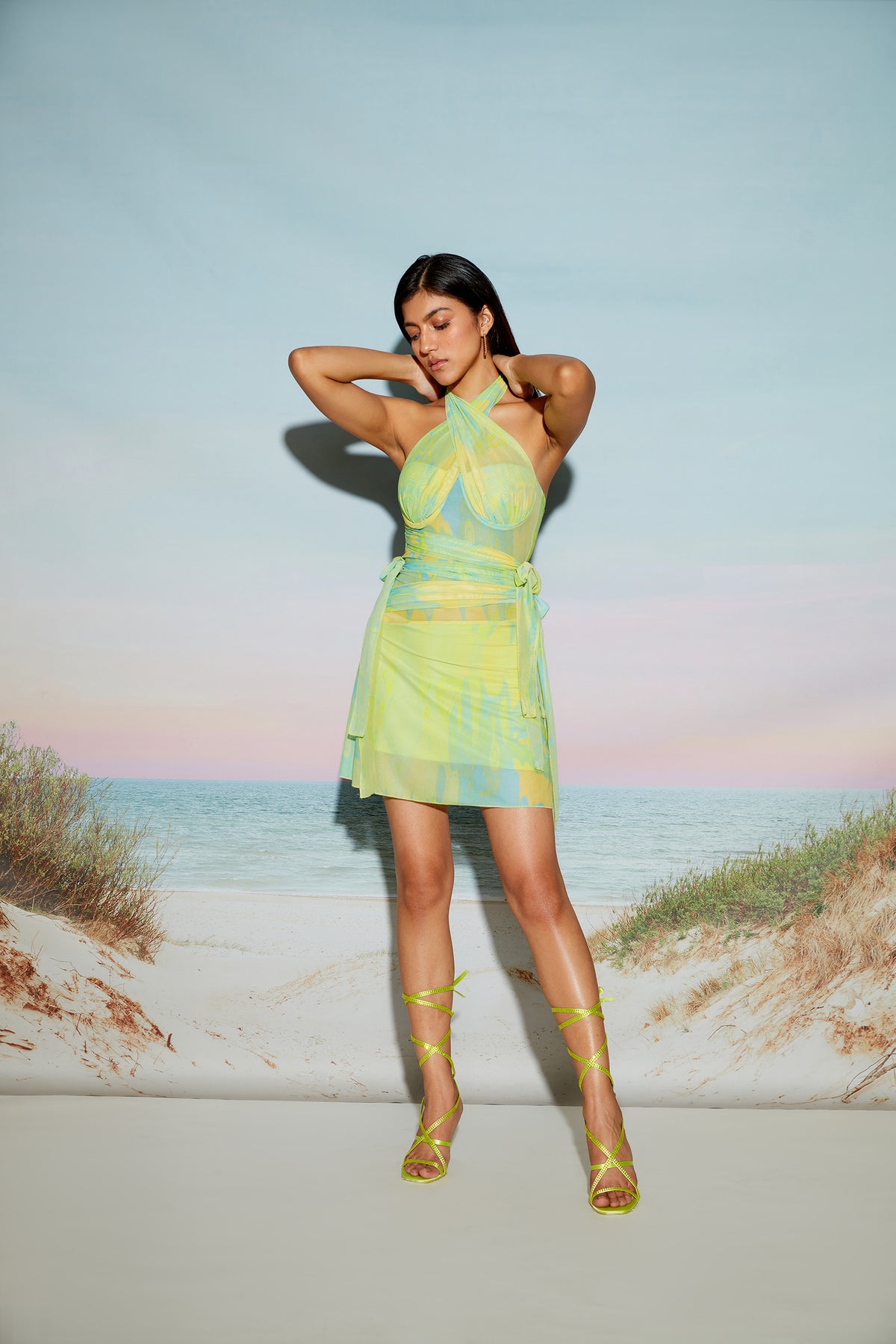 Green Halter Neck Mesh Bandage Dress