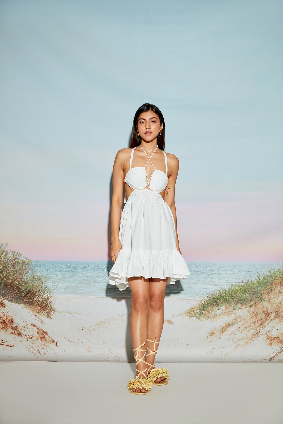 High-Low Volume Dress with Crossover Tie Up at Neck