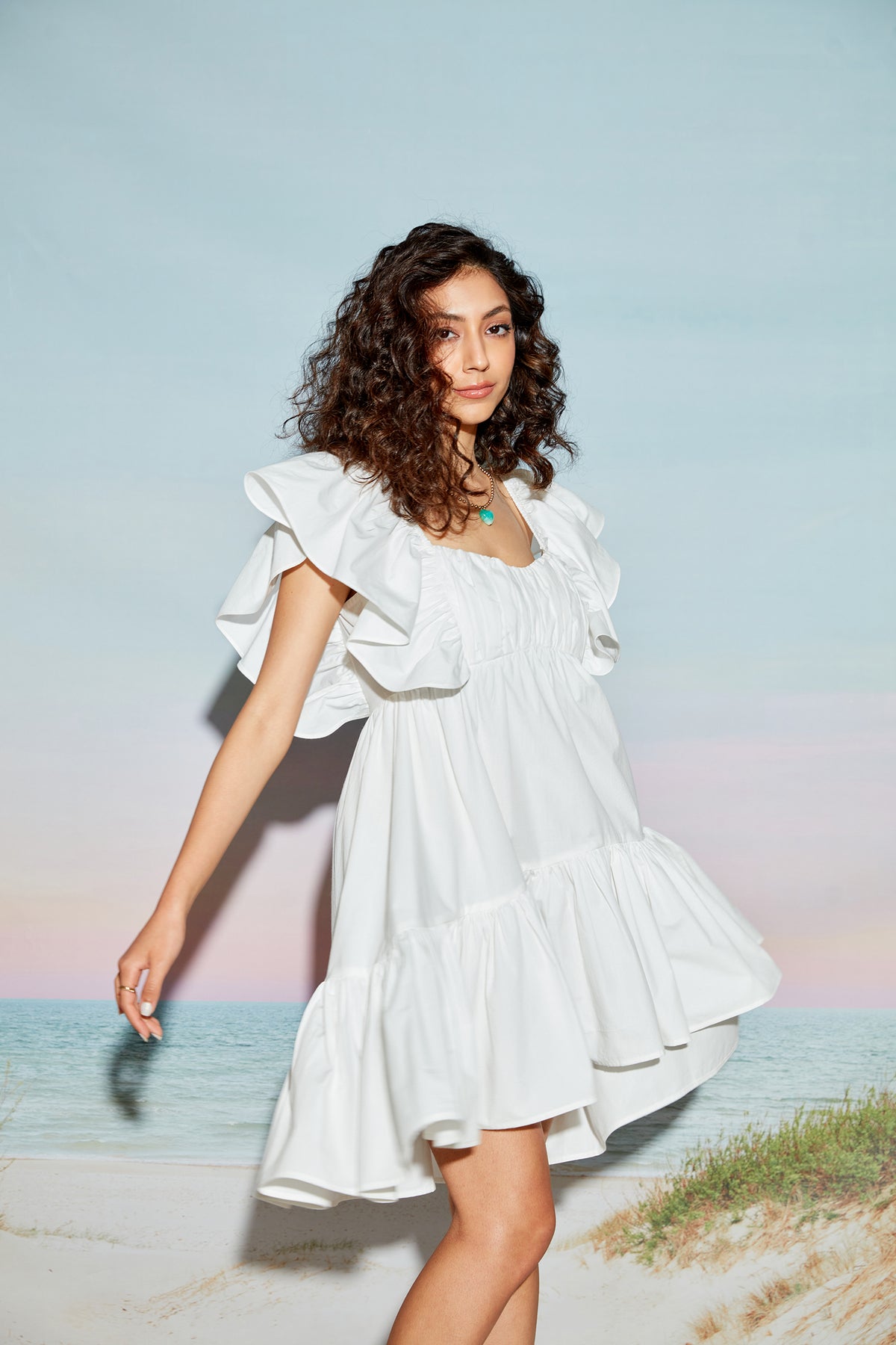 Frill Sleeve Tiered Dress with Gathers