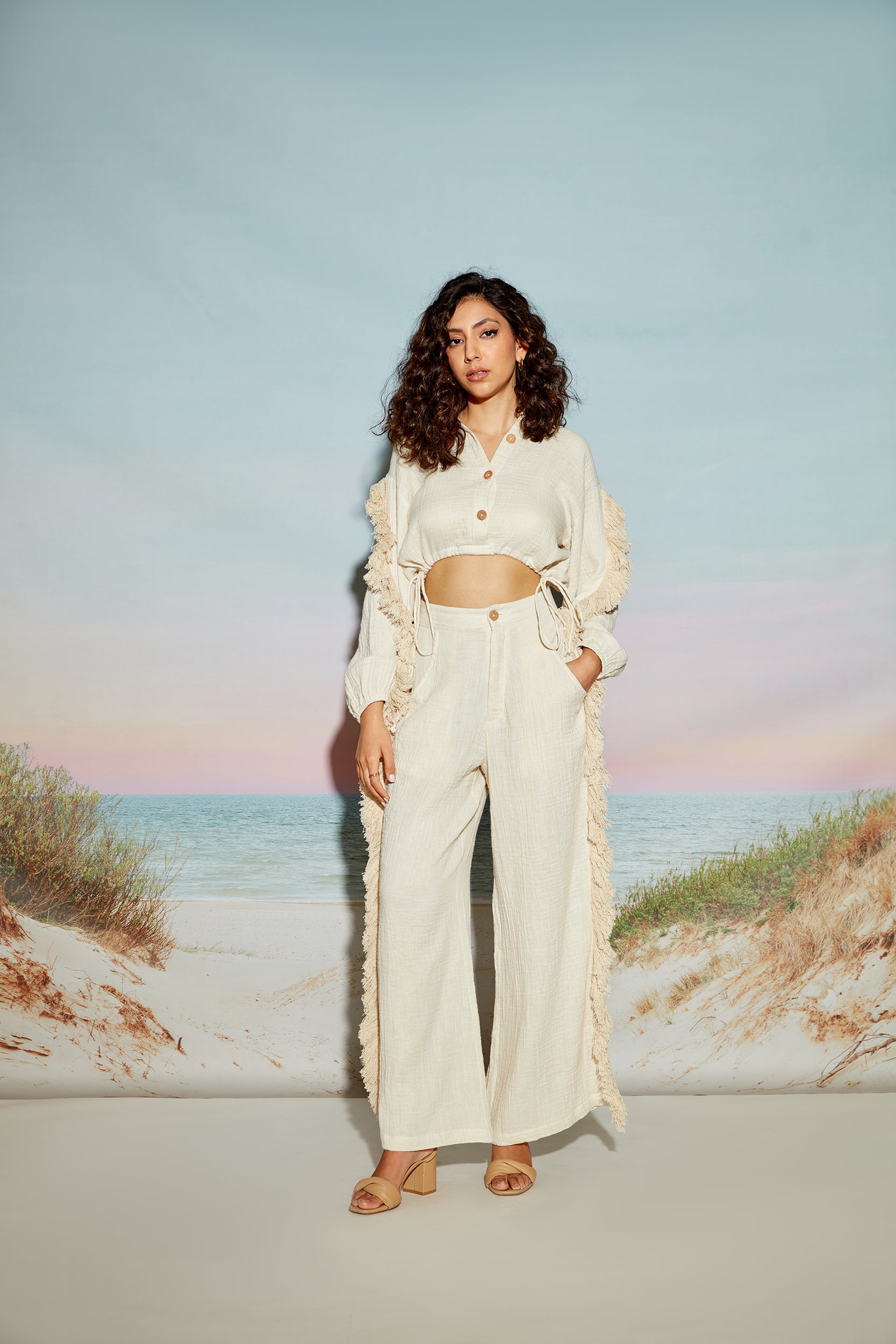 Balloon Sleeve Crop Shirt with Fringe Lace