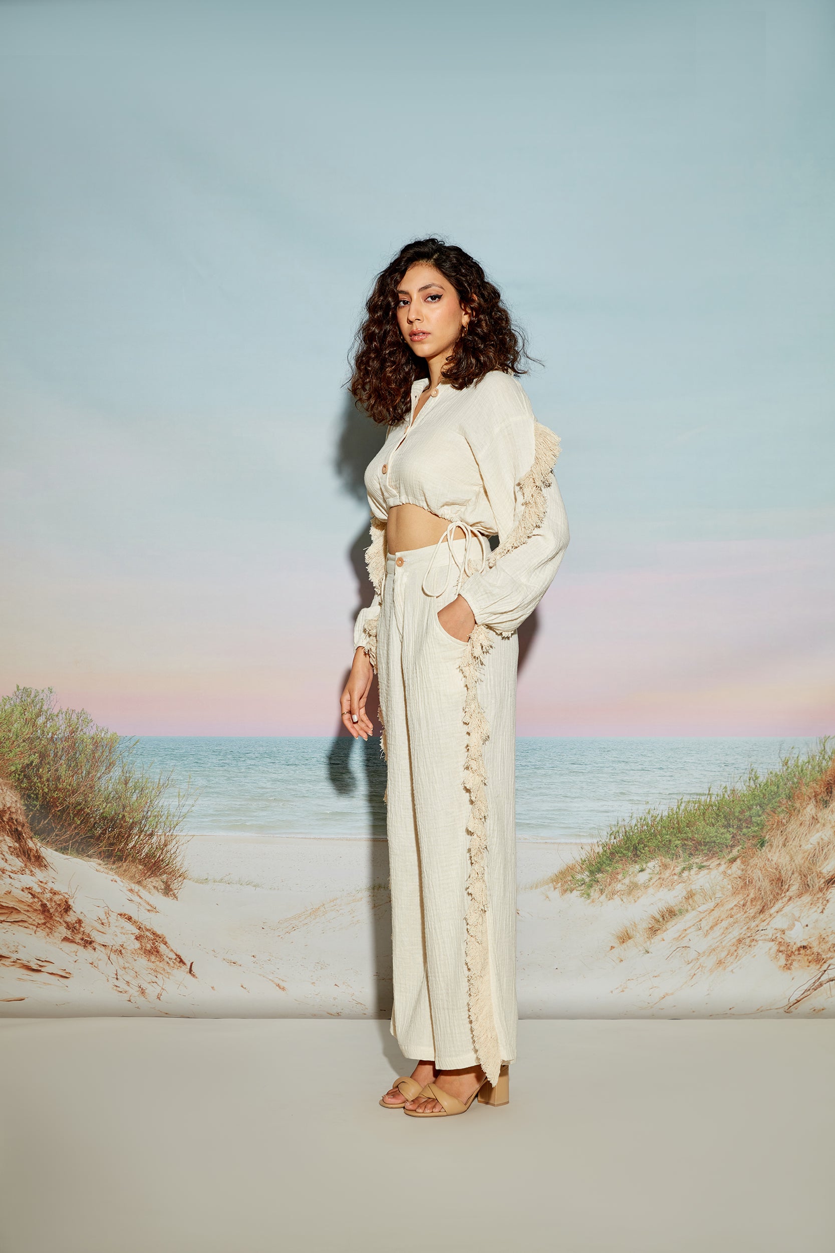 Balloon Sleeve Crop Shirt with Fringe Lace