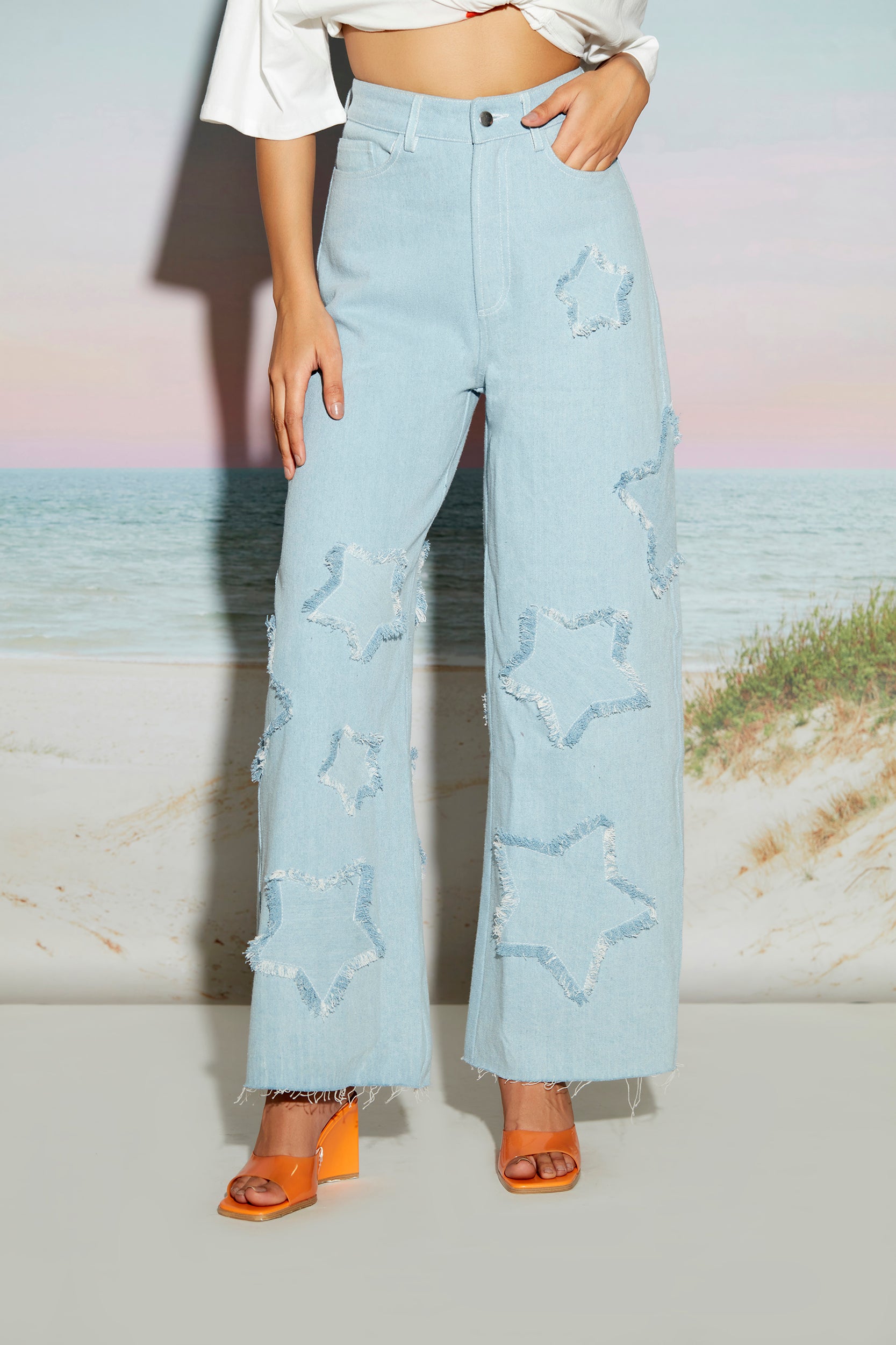 Wide Leg Denim Jeans with Star Patch