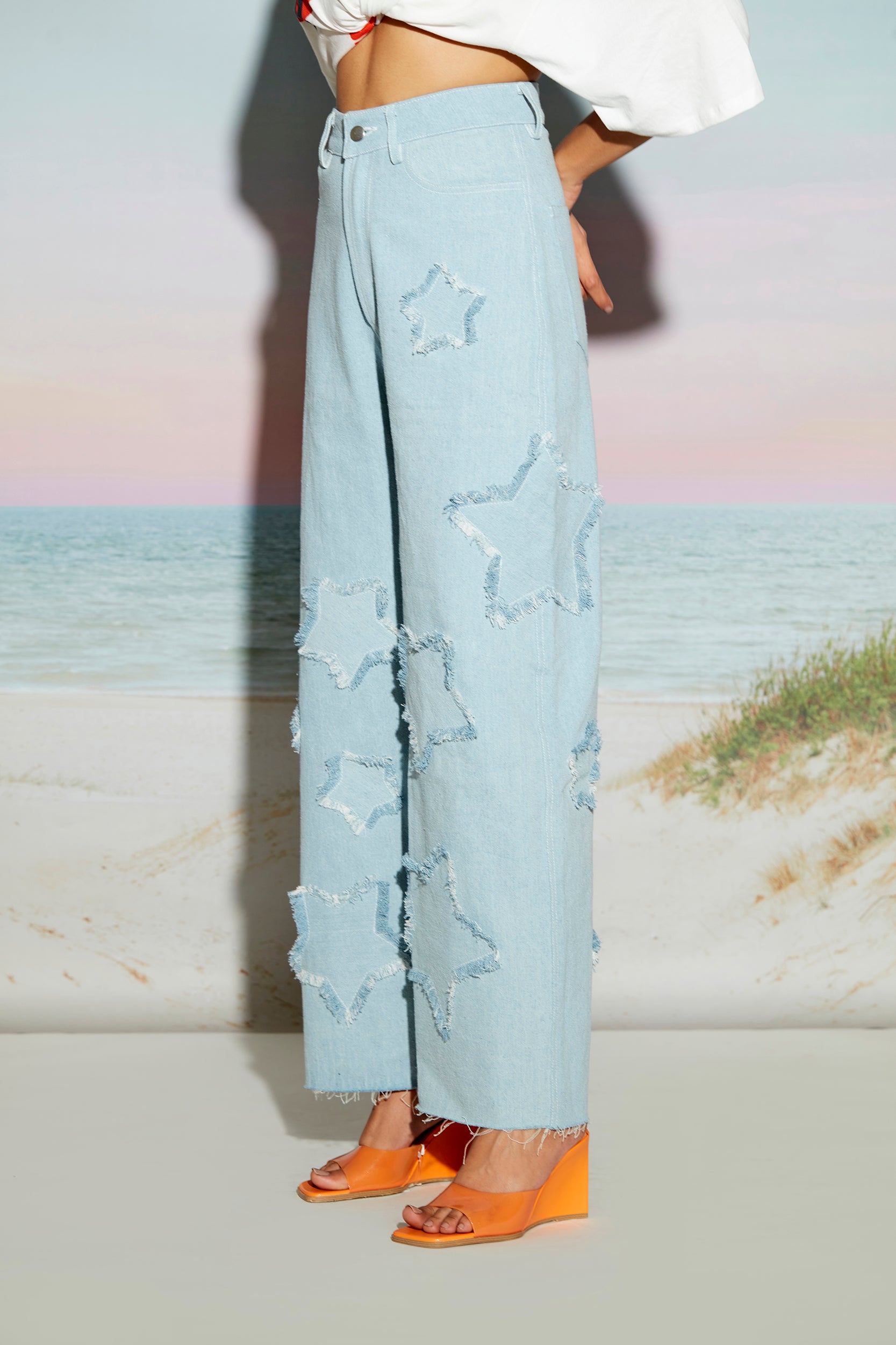 Wide Leg Denim Jeans with Star Patch