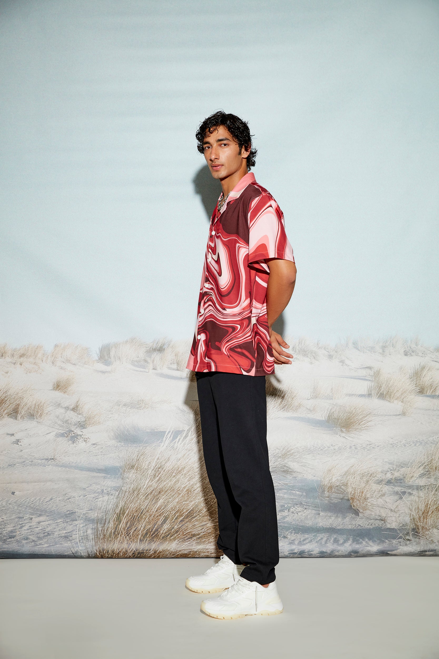 Swirl Print Men’s Resort Shirt-Red