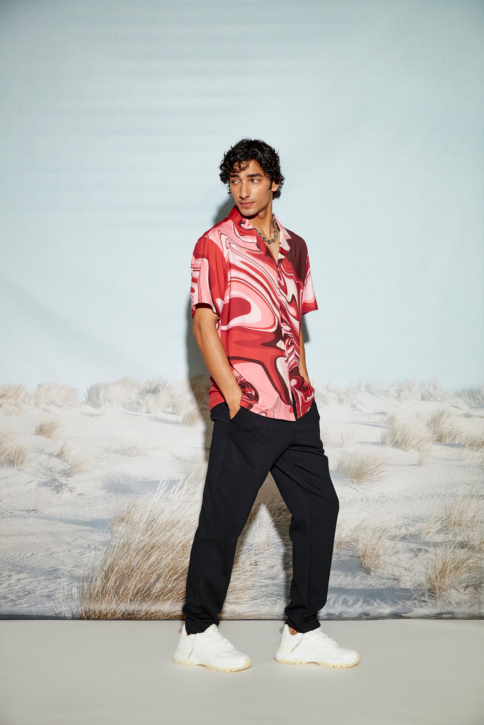 Swirl Print Men’s Resort Shirt-Red