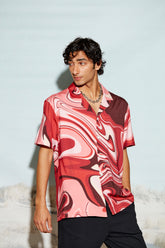Swirl Print Men’s Resort Shirt-Red