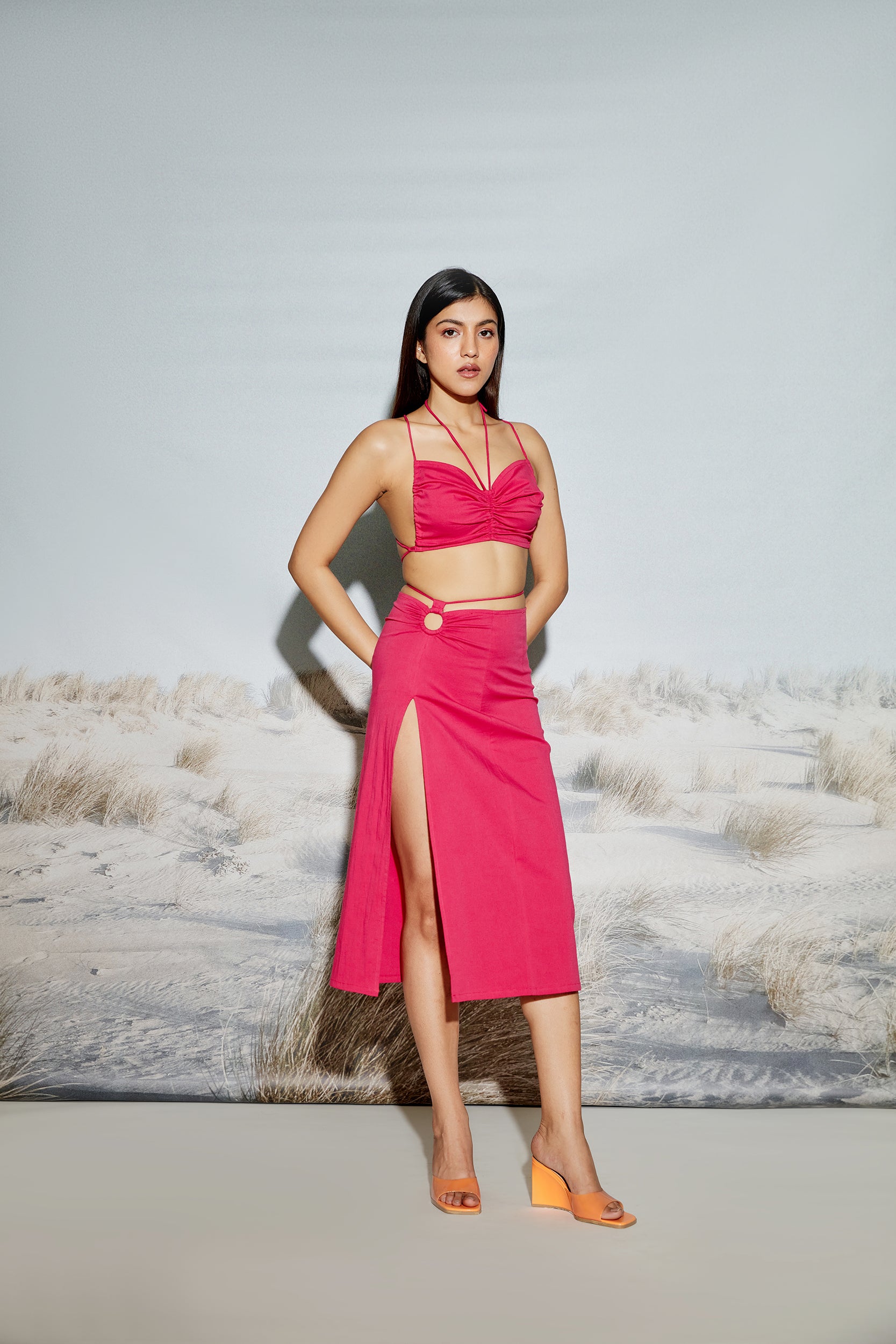 O-Ring Maxi Skirt with Front Slit and Drawstring detail
