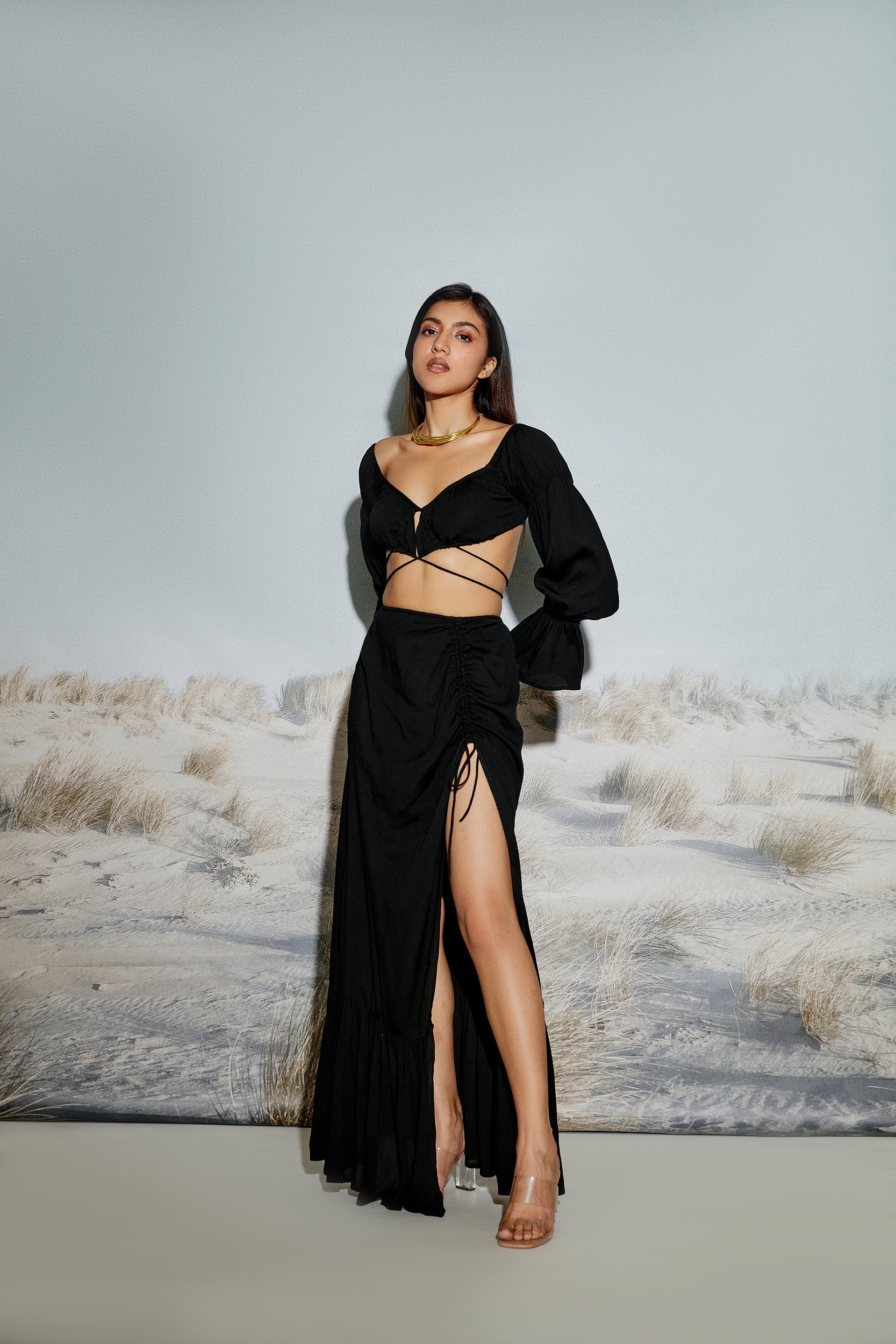 Off Shoulder Crop Top with Crossover Drawstring Detail