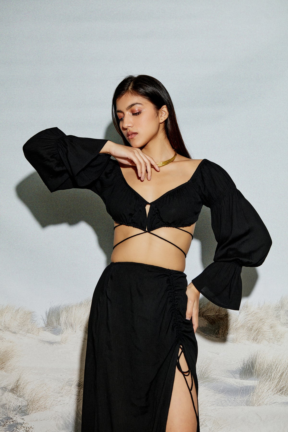 Off Shoulder Crop Top with Crossover Drawstring Detail