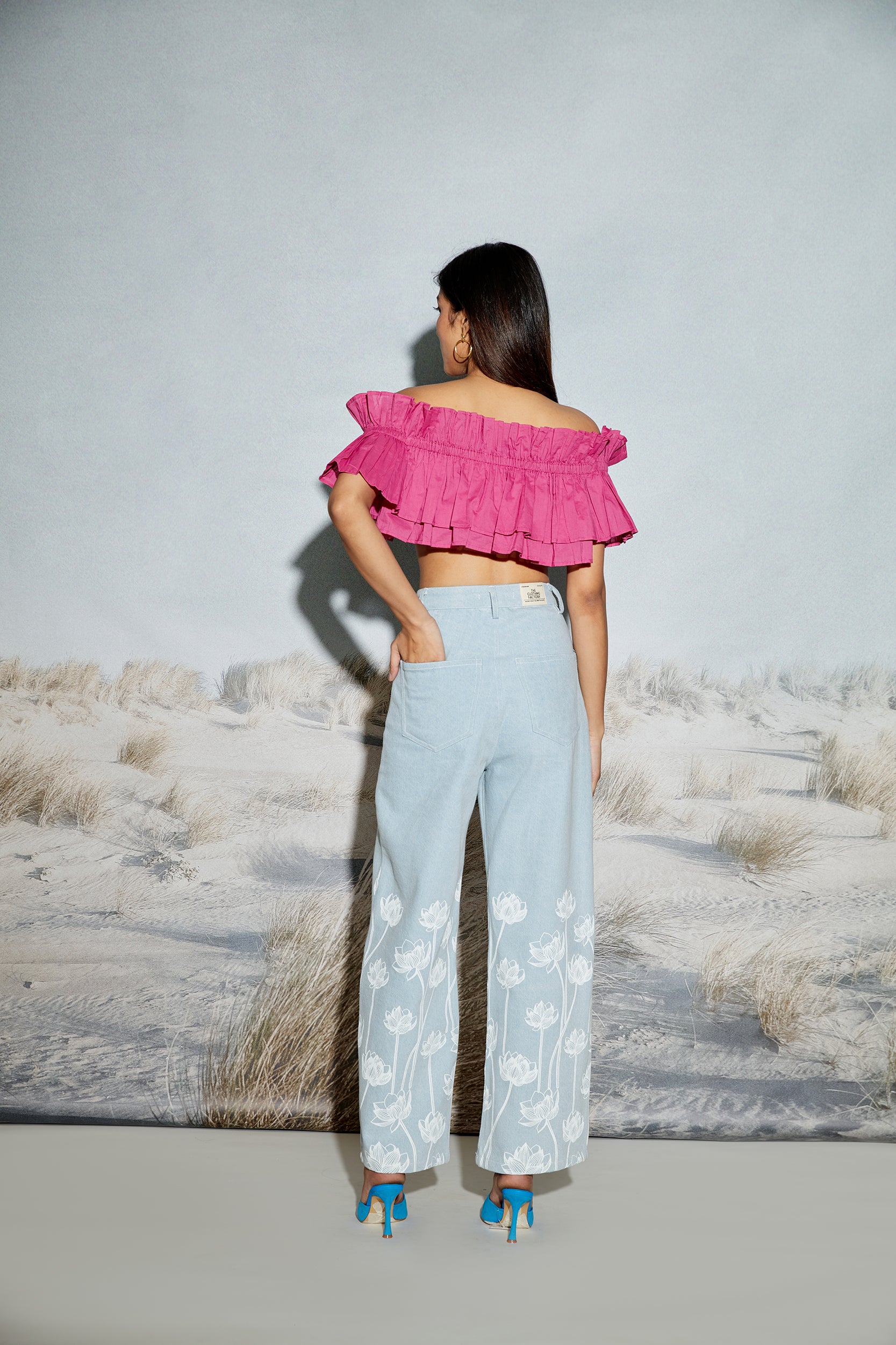Lotus Print Wide Leg Denim