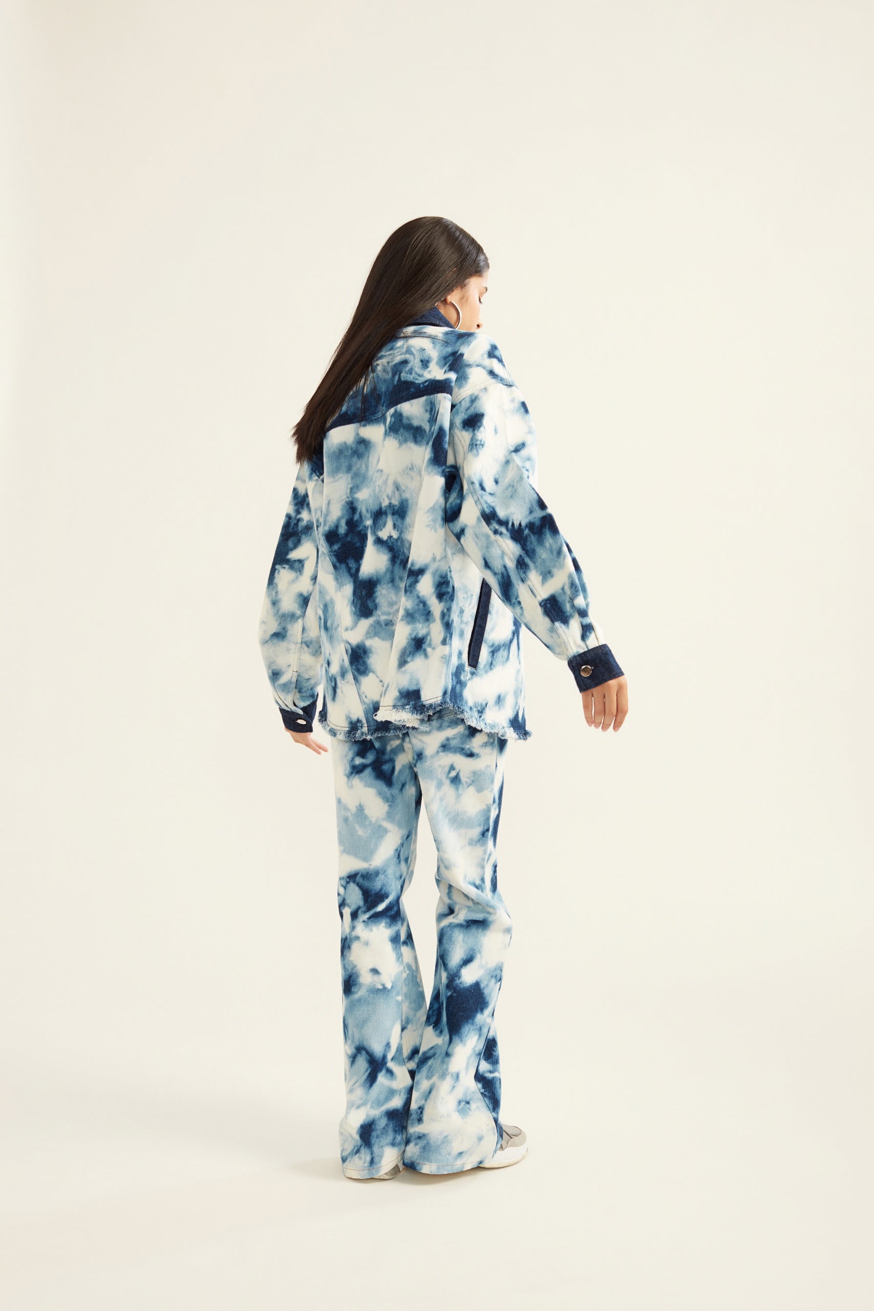 Blue and White Tie-Dye Effect Flared Denim Jeans for Women