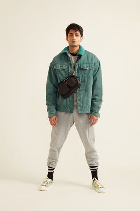 Unisex Green Acid Washed Twill Jacket with Faux Fur