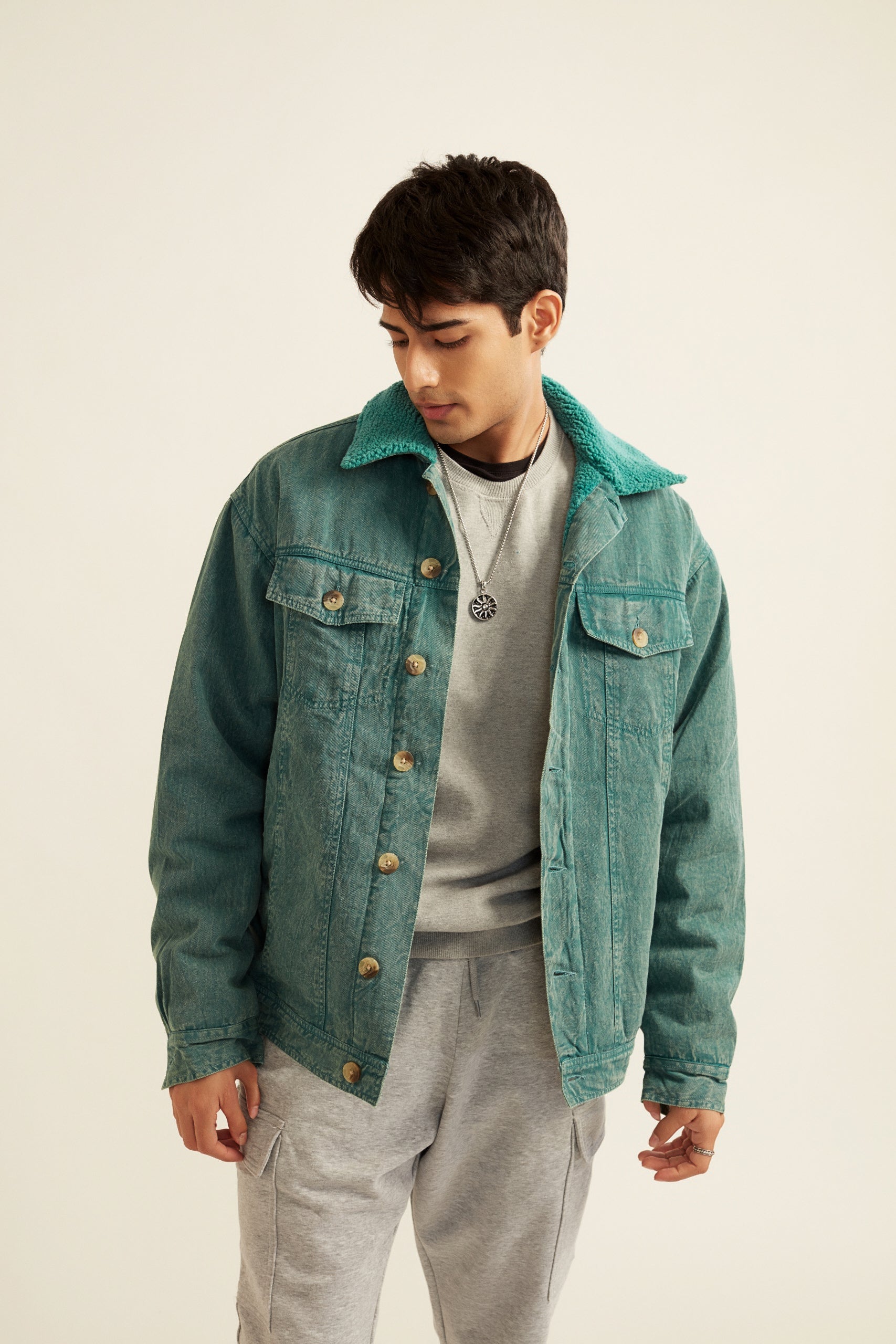 Unisex Green Acid Washed Twill Jacket with Faux Fur