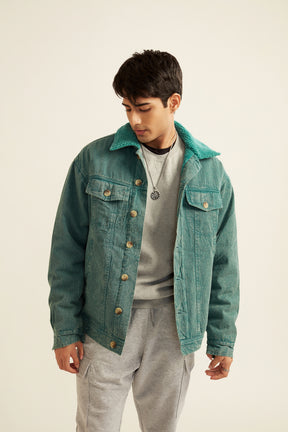 Unisex Green Acid Washed Twill Jacket with Faux Fur