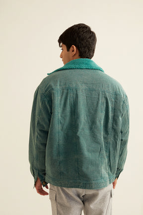 Unisex Green Acid Washed Twill Jacket with Faux Fur