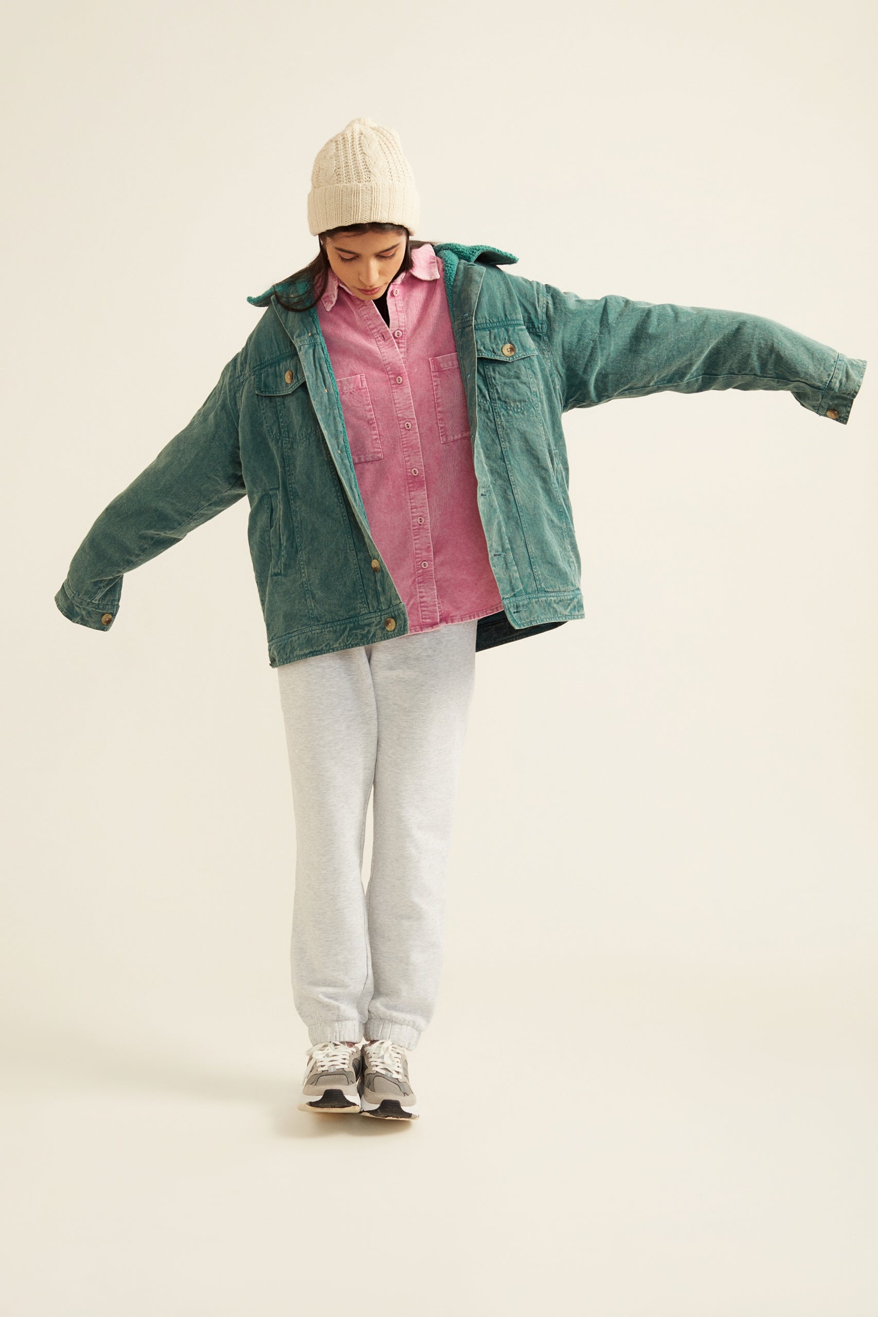 Unisex Green Acid Washed Twill Jacket with Faux Fur