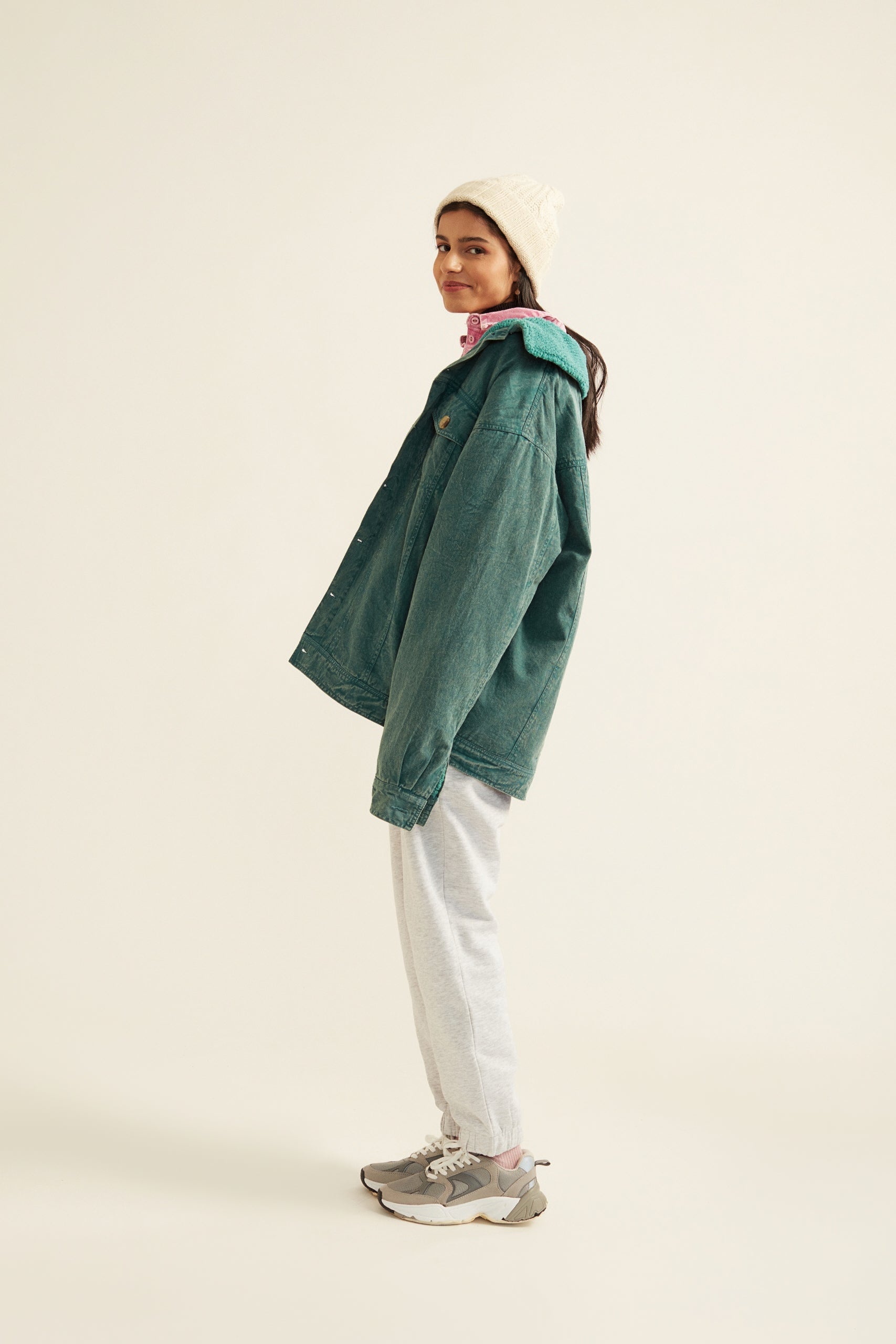 Unisex Green Acid Washed Twill Jacket with Faux Fur