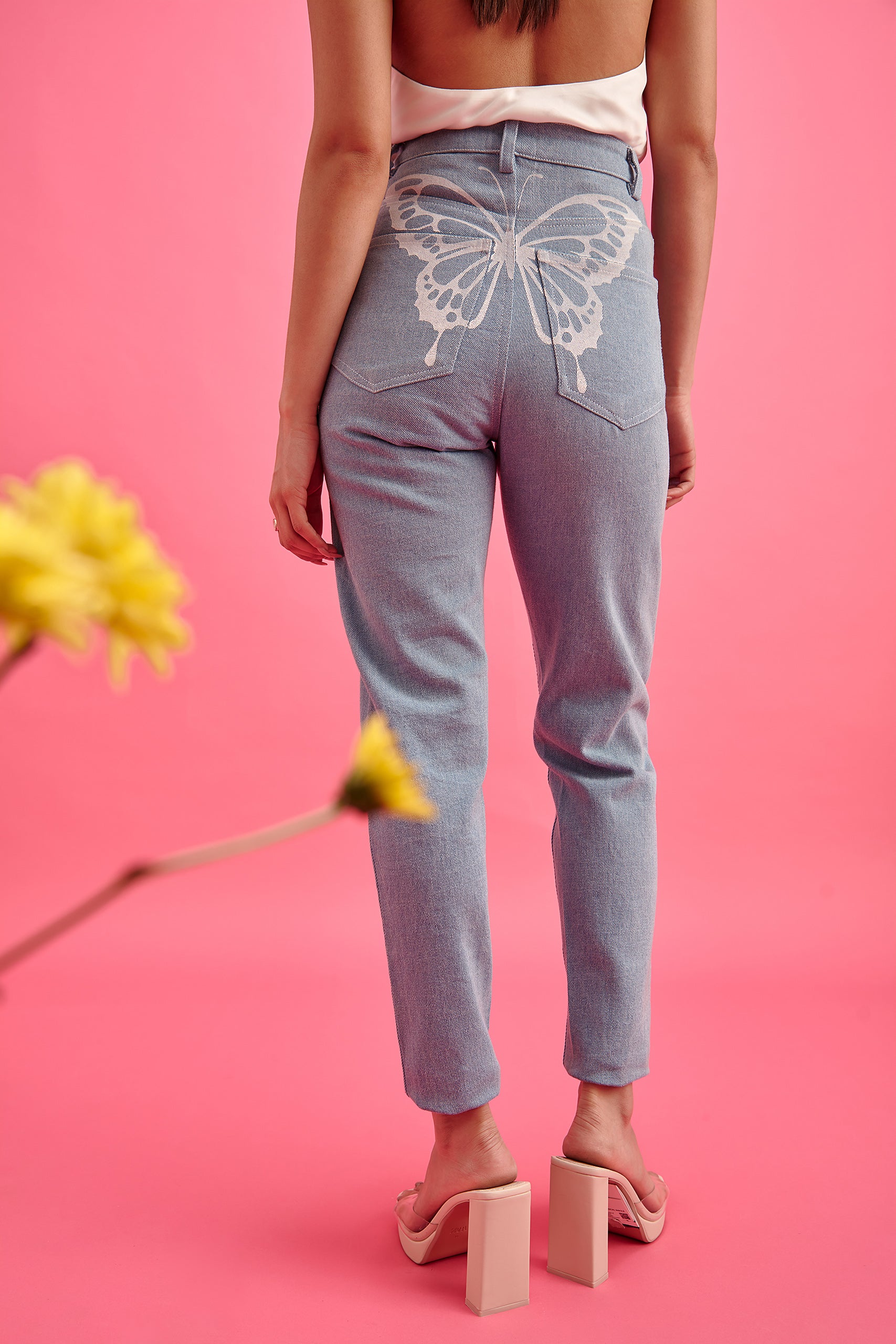 Butterfly-Print Mom Jeans