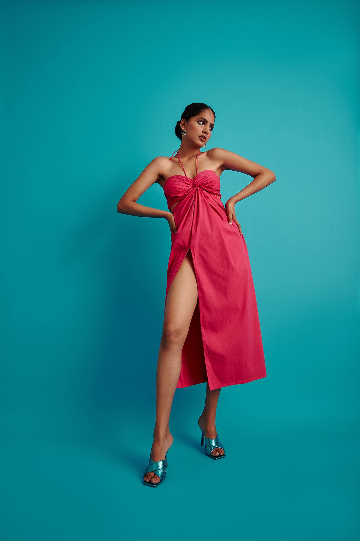 Draped Halter Neck Midi Dress
