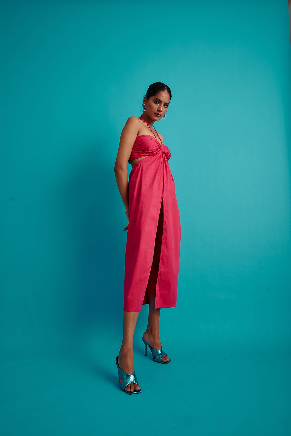 Draped Halter Neck Midi Dress