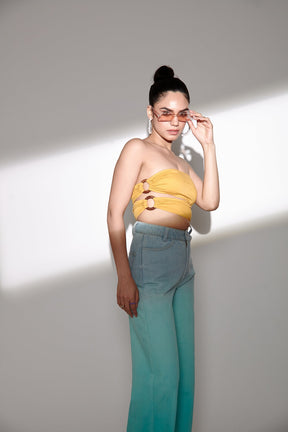 Asymmetrical Wooden Ring Bandeau Top- Yellow