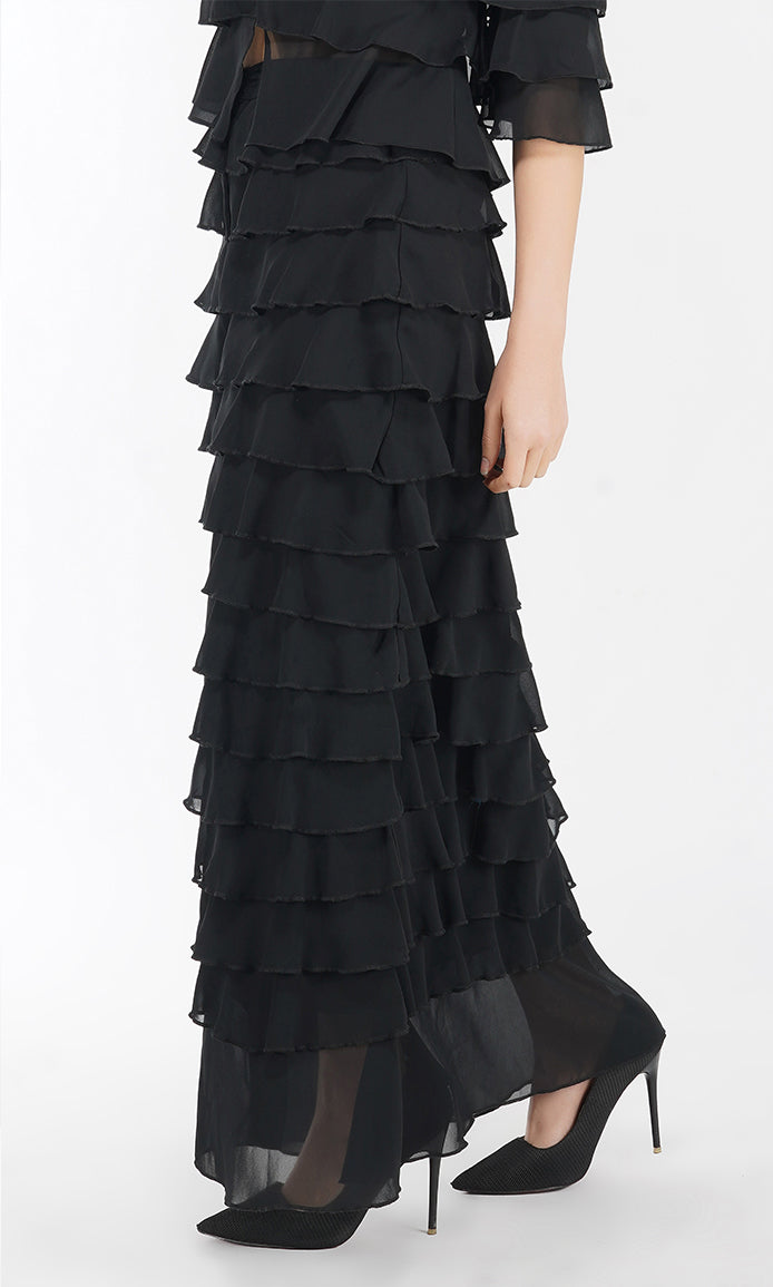 Black Ruffled Center Slit Skirt