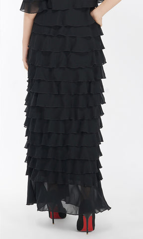 Black Ruffled Center Slit Skirt