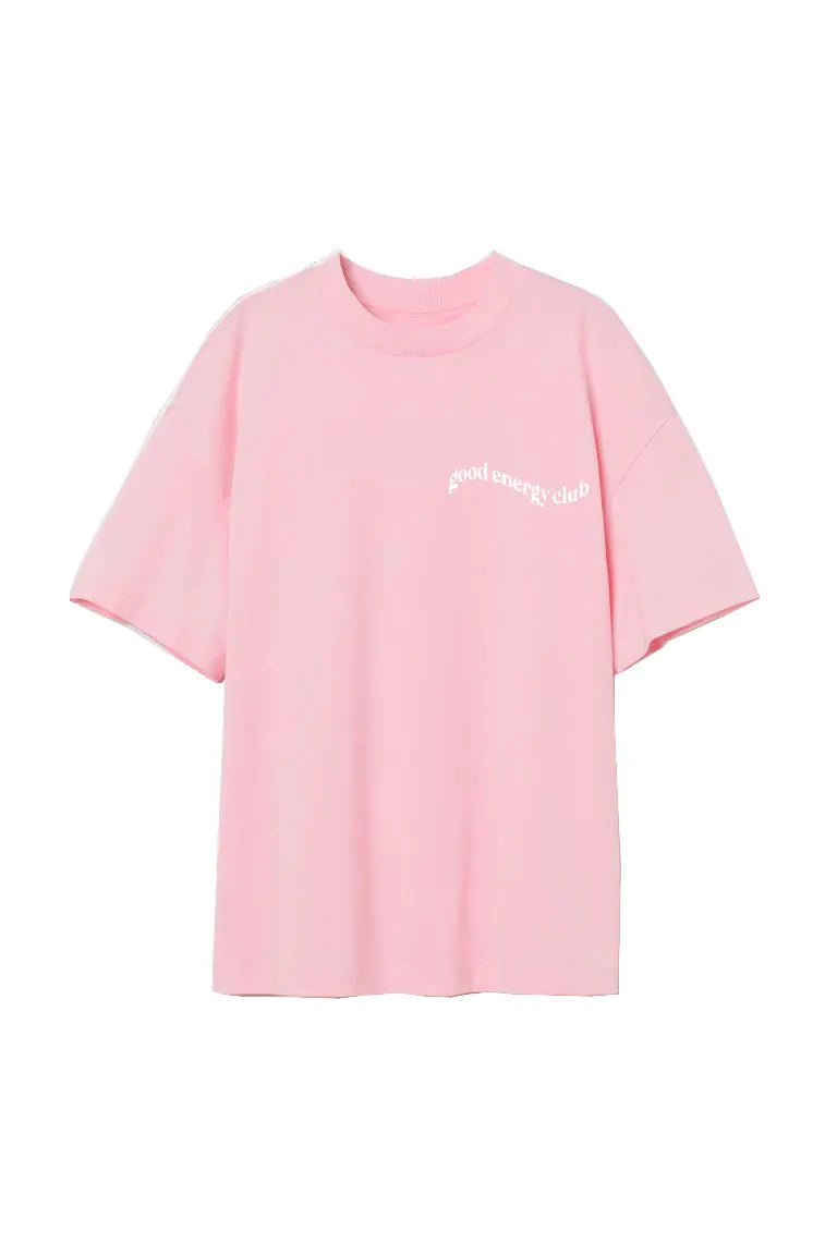 Pink Oversized Printed Round Neck T-Shirt (Good Energy Club)