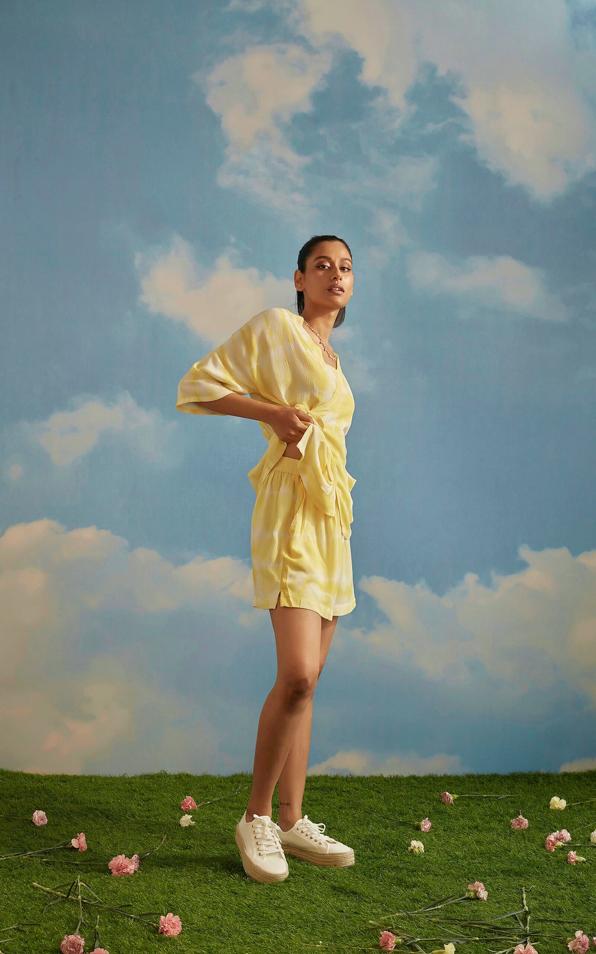 Yellow Tie-Dye Side Knot Kimono & High Waist Shorts Set