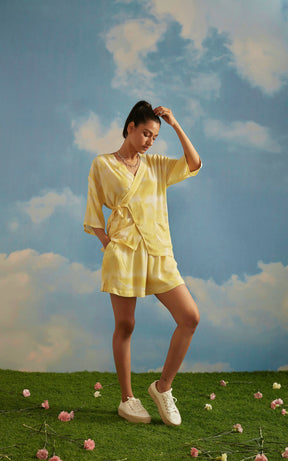 Yellow Tie-Dye Side Knot Kimono & High Waist Shorts Set