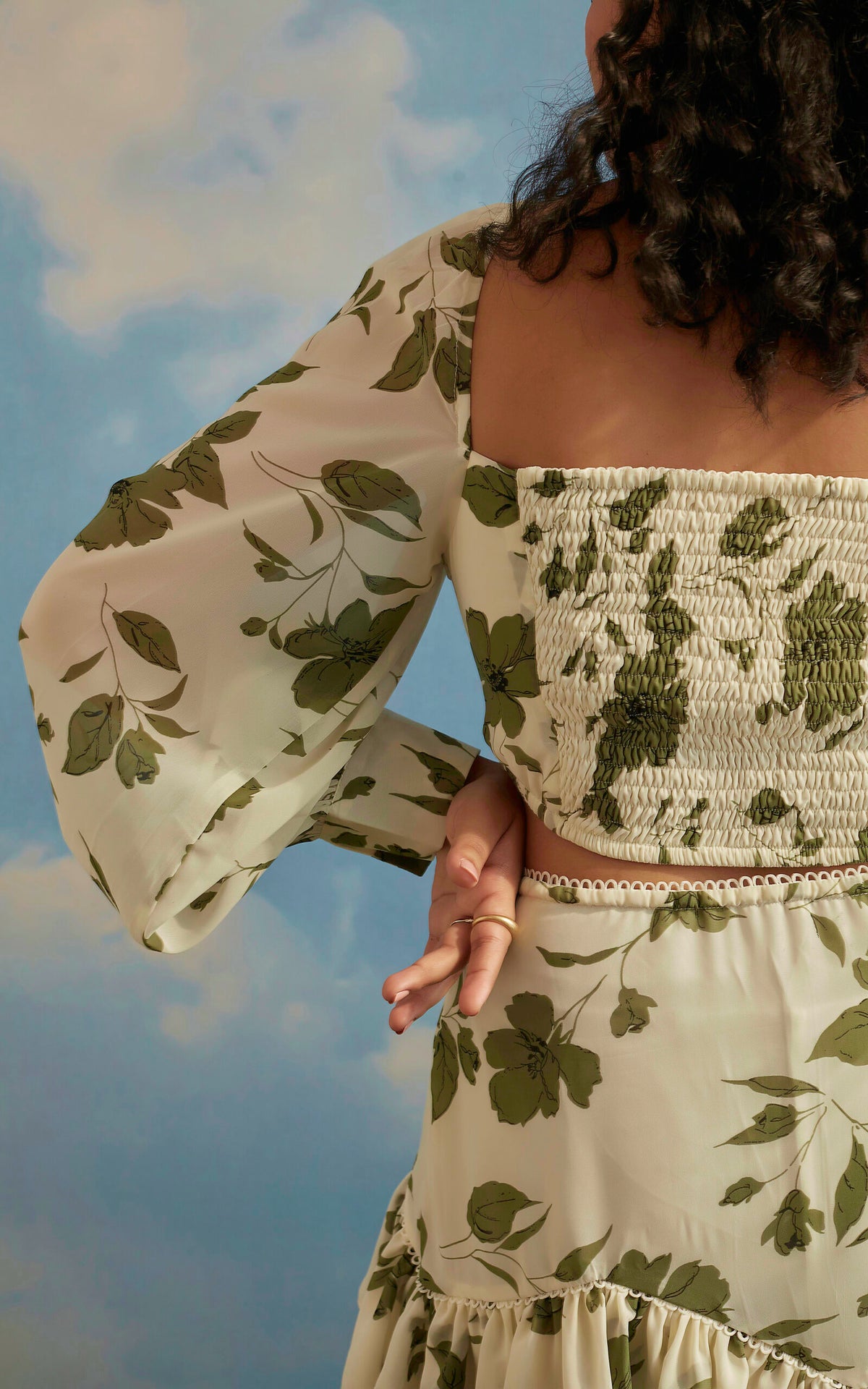Green Floral Print “V”- Neck Top