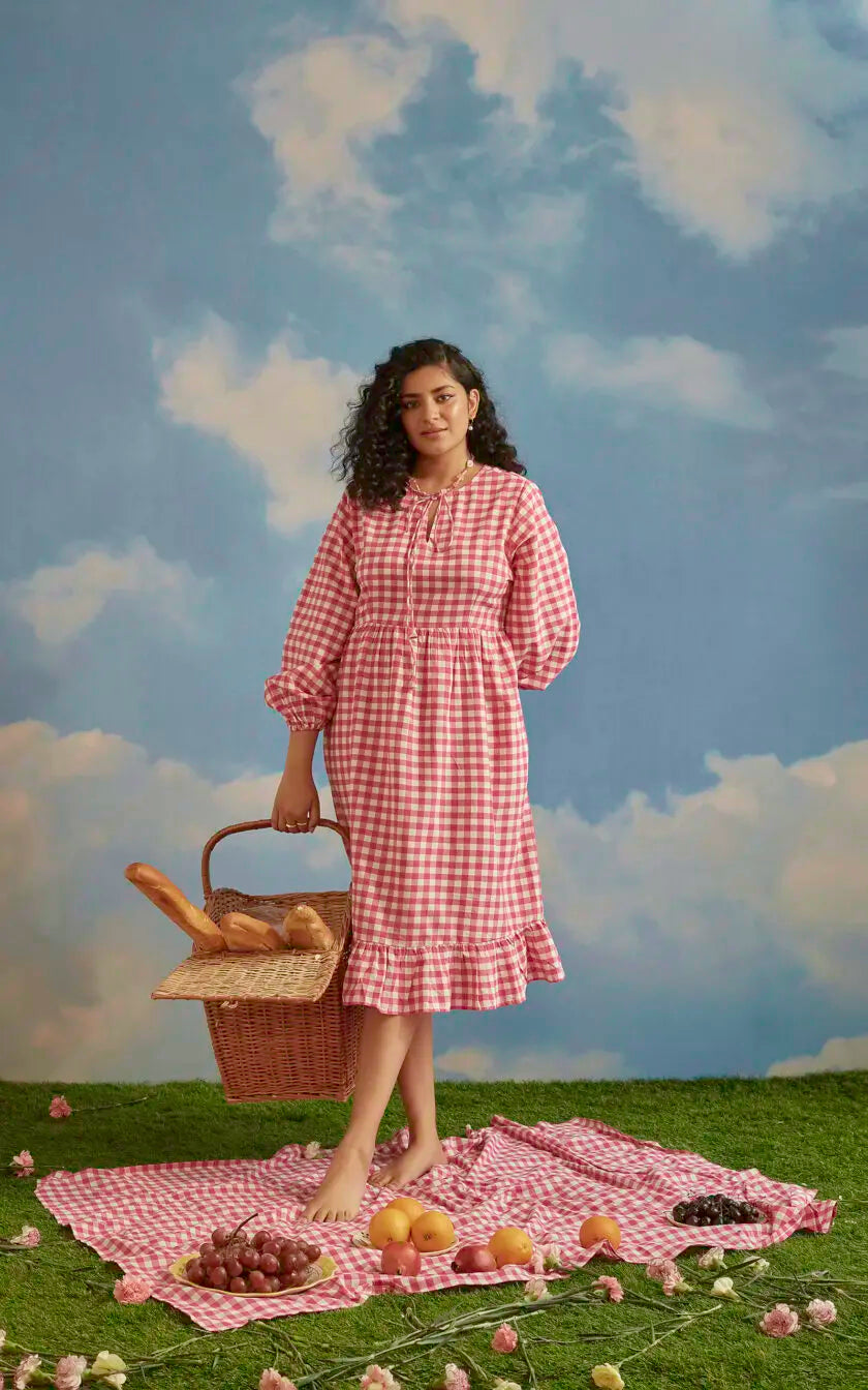 Pink Checkered A line Front Tie Up Dress