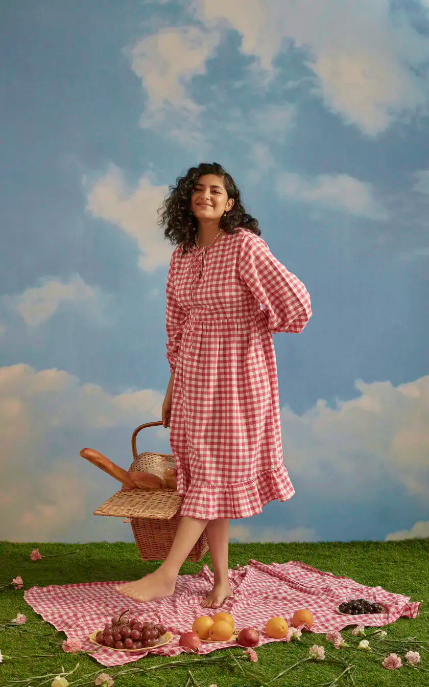 Pink Checkered A line Front Tie Up Dress