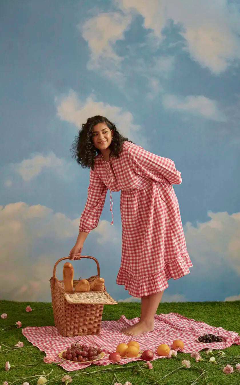 Pink Checkered A line Front Tie Up Dress