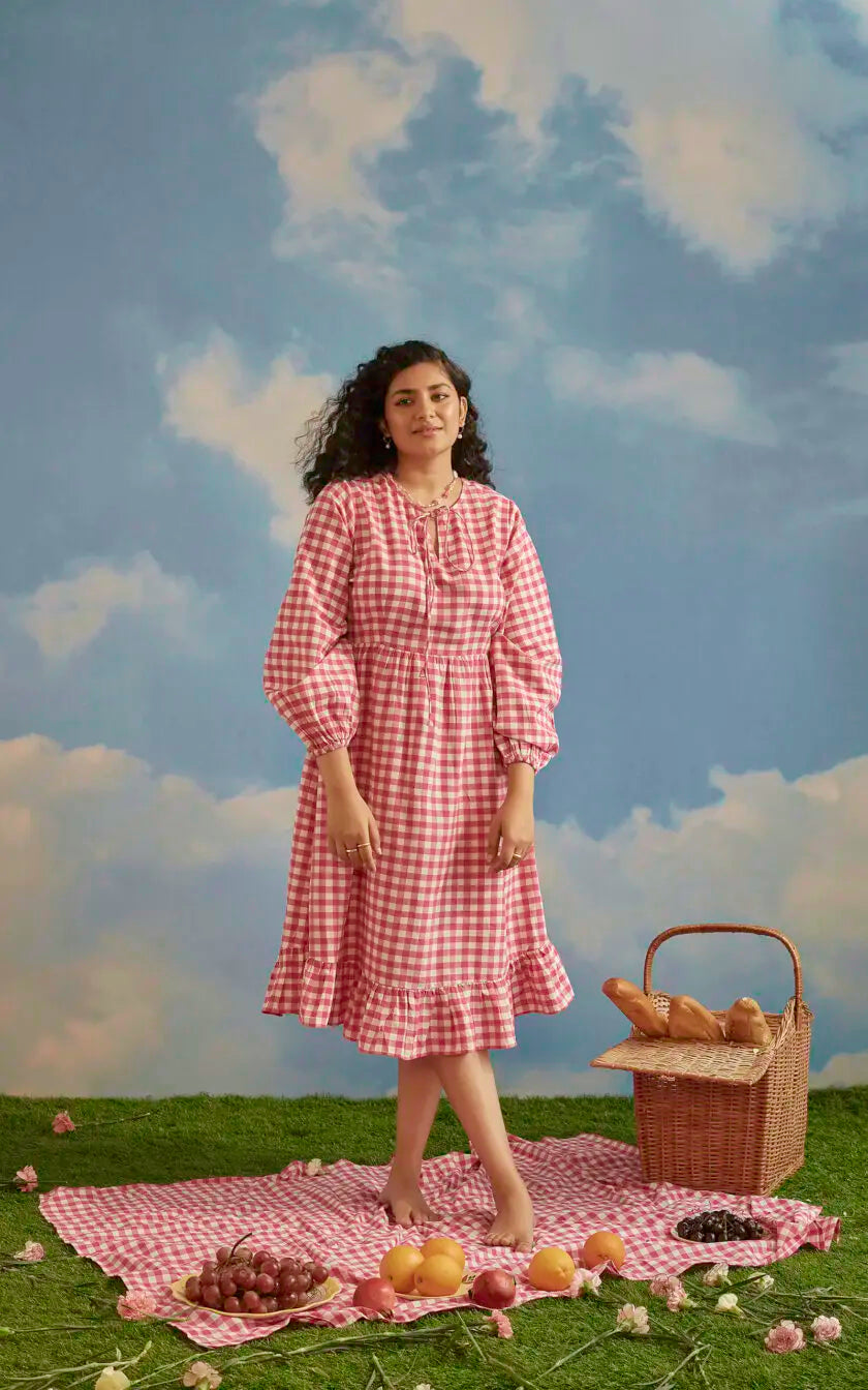 Pink Checkered A line Front Tie Up Dress