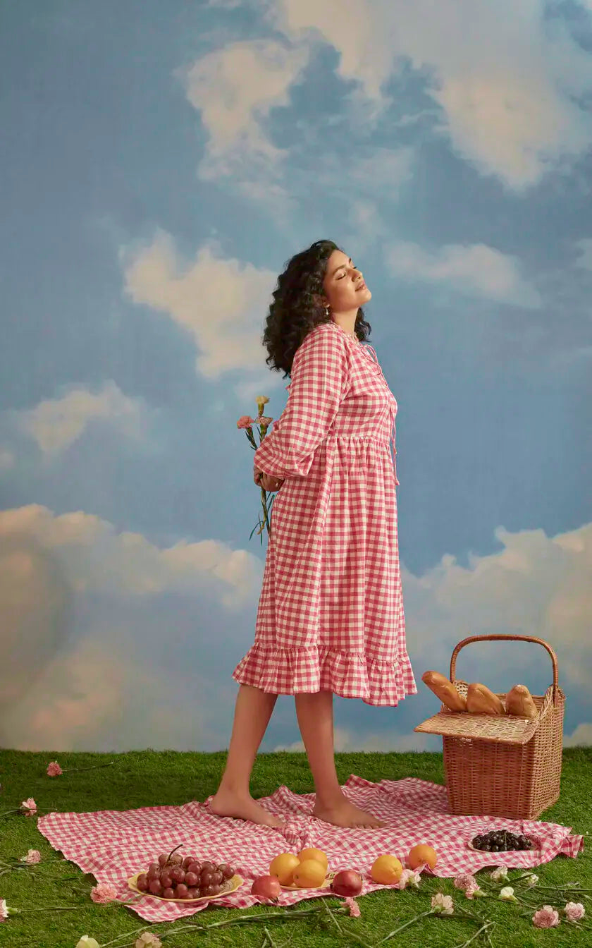 Pink Checkered A line Front Tie Up Dress