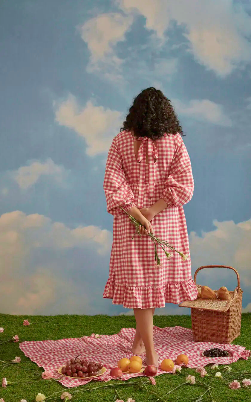 Pink Checkered A line Front Tie Up Dress